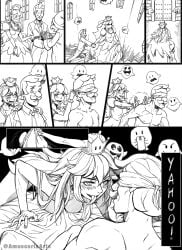 1boy agemmata blindfold blush boo_(mario) boosette cellphone dress facial_hair female formal greyscale highres kamek long_tongue luigi mario_(series) monochrome moustache new_super_mario_bros._u_deluxe nude phone smartphone suit super_crown super_mario_bros. tongue wedding_dress white_hair