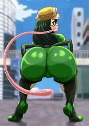 ass bending_forward big_ass black_hair bubble_butt cameltoe city_background complex_background crouching female green_suit hero_outfit_(mha) human long_hair long_tongue looking_at_viewer lowres my_hero_academia skin_tight tsuyu_asui xkorner