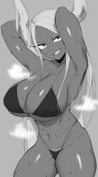 1girls animal_ears armpits arms_up bangs big_breasts bikini boots breasts busty caaaaaaaaevery caevery dark-skinned_female dark_skin grin hair_between_breasts highres large_breasts long_hair looking_at_viewer miruko monochrome my_hero_academia oppai pubic_hair pubic_hair_peek rabbit_ears rabbit_tail rumi_usagiyama skimpy skimpy_bikini small_bikini smile smirk solo sweat sweaty swimsuit thick_thighs thighs voluptuous white_hair wide_hips