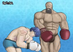 abs baraboxing blue_background boxing boxing_gloves chrom_(fire_emblem) fire_emblem fire_emblem_awakening male_only muscular_male mustafa_(fire_emblem) punch punching punching_face