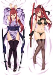 1girls animal_ears back_boob bed_sheet bikini black_bikini black_gloves black_hairband black_legwear black_stockings brown_eyes cat_ears cat_tail cleavage collar dakimakura_design erza_scarlet fairy_tail fake_animal_ears female female_only floral_print from_above full_body high_ponytail holding japanese_clothes katana kimono large_breasts long_hair long_sleeves lying lying_down moeanime navel obi ponytail print_kimono purple_kimono purple_sleeves red_collar red_eyes short_kimono solo split_screen swimsuit thick_thighs thighhighs thighs uncensored underboob underwear weapon wide_hips