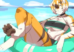 1girls anthro aspirindabaitu big_breasts bikini bikini_bottom bikini_top breasts crossed_legs female innertube looking_at_viewer mei_xiang mx99926 oc original_character short_hair smile smiling solo solo_female striped striped_body striped_fur stripes swimsuit swimwear tiger tiger_ears tiger_girl tiger_stripes tiger_tail waai_fu_(arknights)