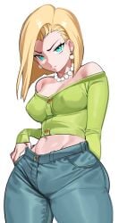 1girls android android_18 belly belly_button big_breasts blonde_hair blue_eyes bob_cut breasts crop_top dragon_ball dragon_ball_z hips jeans large_breasts nia4294 nia_(nia4294) nipple_bulge solo thick thick_thighs tight_clothing tummy wide_hips