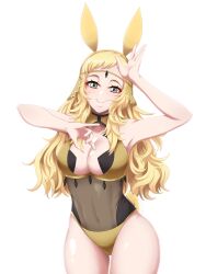 1girls absurdres adapted_costume alternate_costume animal_ears armpits arms_up bare_legs bare_thighs blonde_hair breasts bunny_ears bunny_girl bunnysuit cleavage cleavage_cutout clothing_cutout female female female_only fire_emblem fire_emblem_fates headband highres large_breasts long_hair navel nintendo ophelia_(fire_emblem) panties playboy_bunny rabbit_ears rabbit_tail see-through seityr short_bangs sleeveless smile tail thick_thighs thighs underwear yellow_panties