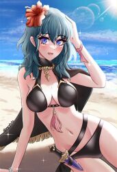 alternate_costume angryforks bikini black_bikini black_swimsuit breasts byleth_(fire_emblem) byleth_(fire_emblem)_(female) byleth_(summer)_(fire_emblem)_(female) female female_only fire_emblem fire_emblem:_three_houses fire_emblem_heroes looking_at_viewer nintendo official_alternate_costume open_mouth solo