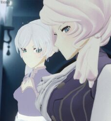 2girls big_breasts blue_eyes breast_envy female foxyrenart milf mother_and_daughter rooster_teeth rwby small_breasts weiss_schnee white_hair willow_schnee