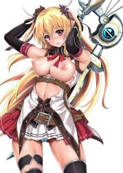 1girls alisa_reinford arms_above_head arms_up armwear belly belly_button black_armwear blonde_hair blue_panties blush blushing_at_viewer bow breasts brown_gloves cyclone dress eiyuu_densetsu elbows exposed_breasts eyebrows_visible_through_hair female female_focus female_only gloves hair_between_eyes hair_ornament hair_ribbon hands_behind_head large_breasts long_hair looking_at_viewer navel nipples open_mouth panties ponytails red_eyes red_skirt ribbon ribbons ripped_clothing sen_no_kiseki skirt solo solo_female solo_focus stomach striped_panties torn_clothes trails_of_cold_steel twintails weapon white_background