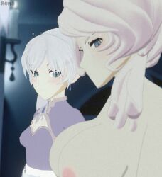 2girls big_breasts blue_eyes blush breast_envy female foxyrenart milf mother mother_and_daughter multiple_girls nipples nude rooster_teeth rwby small_breasts weiss_schnee white_hair willow_schnee yuri