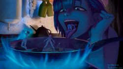 anime_style black_hair blue_eyes blue_hair cooking copyright_request freckles frying_pan giantess gore horror kitchen macrophilia open_mouth original pink_hair pixiv short_hair shrinking shrunk teeth tongue tongue_out vore