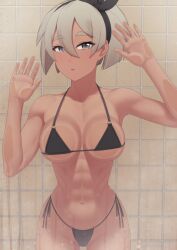 abs against_glass bangs bare_arms bea_(pokemon) bikini blonde_hair blush bow_hairband female female_only gym_leader hairband hands_up indoors looking_at_viewer nintendo pokemon pokemon_ss putcher shower solo swimsuit tile_wall