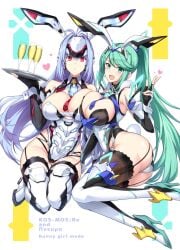 2girls alcohol alternate_costume android armor ass ass_visible_through_thighs bandai_namco bangs blue_hair blush breast_squish breasts bunny_ears bunny_girl bunny_tail bunnysuit colored core_crystal crystal drink exposed_shoulders green_eyes green_hair halcon heart heels high_heels huge_breasts kos-mos kos-mos_re: large_ass leggings long_hair looking_at_viewer nintendo pneuma_(xenoblade) ponytail red_eyes smiling_at_viewer swept_bangs tagme thick_thighs thighhighs thighs tie tight_clothing tray waitress xenoblade_(series) xenoblade_chronicles_2 xenosaga