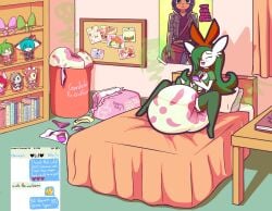 1girls artificial_flavors bed death diaper diaper_disposal diaper_pail disposal female gardevoir implied_death implied_vore laying_down laying_on_bed messing messy_diaper peeing pokemon pokemon_(species) post_vore scat sitting_on_diaper soiling stink_lines text vore