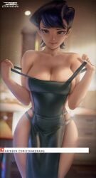 adult adult_female apron apron_only artist_name artist_signature asian asian_female bedroom_eyes big_breasts black_hair blurred_background breasts brown_eyes child_bearing_hips cleavage indoors izhardraws japanese japanese_female kitchen komi-san_wa_komyushou_desu komi_shuuko light-skinned_female light_skin looking_at_viewer married_woman mature mature_female milf mom mother patreon_username realistic_breast_size realistic_proportions seductive seductive_eyes seductive_look seductive_smile smile smiling_at_viewer standing thick_thighs thighs undressing url