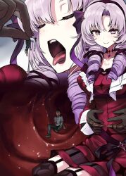 1girls anime_style black_gloves devouring giantess gloves hyakumantenbara_salome long_hair macrophilia mouth_open nijisanji open_mouth pink_clothing pixiv purple_clothing purple_eyes purple_hair red_clothing tongue_out virtual_youtuber vore vtuber white_hair