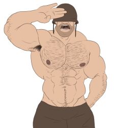 1boy abs armpit armpit_hair bara hairy helmet_over_eyes male male_only muscle nipples open_mouth pants saluting sniperstalker soldier_(team_fortress_2) solo solo_male team_fortress_2