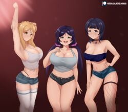 3girls amber_eyes armpits asaka_karin azure_monarch beauty_mark belly_button big_ass big_breasts big_hips blonde_hair blue_eyes blue_hair booty_shorts breasts busty choker earrings female female_only fishnet fully_clothed green_eyes hips huge_breasts intermammary_cleft large_breasts love_live! love_live!_nijigasaki_high_school_idol_club love_live!_school_idol_project love_live!_sunshine!! ohara_mari one_arm_up purple_hair shorts thick_thighs thighhighs thighs thong toujou_nozomi tubetop