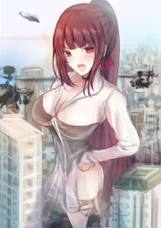 aircraft anime_style apache_helicopter breasts building city cityscape cleavage giantess girls'_frontline helicopter macrophilia open_mouth pixiv red_eyes red_hair sky wa2000_(girls'_frontline) white_shirt