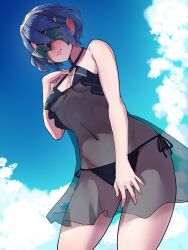 1girls alternate_costume bangs bikini blue_bikini blue_hair boris_(noborhys) breasts cloud cowboy_shot day embarrassed female female_only fire_emblem fire_emblem_awakening fire_emblem_heroes hair_ornament hair_up highres looking_at_viewer lucina_(fire_emblem) lucina_(summer)_(fire_emblem) marth_(fire_emblem_awakening) mask navel nintendo official_alternate_costume revision see-through short_hair side-tie_bikini sky small_breasts solo sweatdrop swimsuit tiara