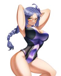 absurdres aged_up ahoge alternate_breast_size armpits arms_behind_head blue_hair braid breasts commission female flower green_eyes hair_flower hair_ornament highres large_breasts long_hair looking_at_viewer meili_portroute midriff najashi navel older one-piece_swimsuit re:zero_kara_hajimeru_isekai_seikatsu second-party_source single_braid smug solo sweat swimsuit thick_thighs thighs wet