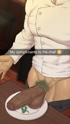 1boy 2boys big_penis blush chef chef_uniform clothing english_text gay green_hair joe_(sk8_the_infinity) khanosera kojiro_nanjo male male/male male_only pants_pull penis plate sitting sk8_the_infinity snapchat standing table text uncut vein veiny_penis yaoi