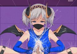 black_mask blue_eyes blue_long_gloves femdom glansjob grey_hair long_gloves male_pov mask masked_female pony pov princess_connect! princess_connect!_re:dive teasing tntngamr18 yori_(princess_connect!)