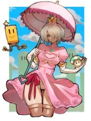 1up_mushroom big_breasts binelu01 breasts cosplay dakusuta female mario_(series) mushroom nier:_automata nintendo princess_peach_(cosplay) super_mario_bros. tagme thick_thighs umbrella yorha_2b