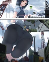 anime_style ass black_pants black_shirt brown_hair building city comic construction copyright_request crane crush destruction giantess gloves helicopter kantai_collection kuroshio_(kantai_collection) leggings macrophilia manga pixiv short_hair speech_bubble white_shirt