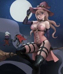 breasts broom broom_riding danganronpa danganronpa_v3 halloween_costume iruma_miu kiibo large_breasts ouma_kokichi qosic skimpy straight_hair thighs tight_clothing witch witch_hat