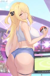 1girls ass ass_focus big_ass big_butt bikini blonde_hair blush booty_shorts breasts bubble_ass bubble_butt clothing cosplay cynthia_(pokemon) fat_ass female female_focus female_only g-string hair_over_one_eye hilda_(pokemon)_(cosplay) holding_object huge_ass huge_butt human large_breasts looking_at_viewer looking_back nsfw_oa pale_skin pokemon pokemon_bw pokemon_dppt public round_ass shorts smile solo stadium thick_ass thick_thighs wide_hips yellow_hair