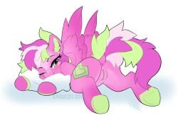 2021 anus ass cutie_mark digital_media_(artwork) dock equid equine fan_character feathered_wings feathers female feral freckles fur genitals green_eyes hair hasbro hi_res hooves mammal multicolored_hair multicolored_tail my_little_pony one_eye_closed pegasus pillow pink_body pink_feathers pink_fur presenting presenting_hindquarters presenting_pussy proxicute pussy raised_tail signature wings