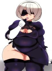 1girls bbw belly big_belly blindfold breasts chubby fat female female_only hairband moemoehikikomori nier nier:_automata overweight short_hair solo solo_female thick_thighs thighhighs white_background white_hair yorha_2b