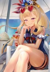 artist_name beach_umbrella big_ass blonde_hair blue_swimsuit blush bow cagliostro_(granblue_fantasy) casual_one-piece_swimsuit chair collarbone commentary crossed_legs cup drinking_glass eating eyewear_on_head fat_ass female flat_chest flower fully_clothed granblue_fantasy grin hair_flower hair_ornament half-closed_eyes hand_on_own_chin heart heart-shaped_eyewear highres holding holding_cup holding_spoon huge_ass ice_cream large_ass legs_crossed long_hair looking_at_viewer looking_down one-piece_swimsuit parfait ponytail purple_eyes red_bow red_ribbon ribbon sailor_collar signature sitting small_breasts smile smirk solo spoon summer sunglasses swimsuit thick_ass thick_thighs thighhighs thighs umbrella very_long_hair yapo_(croquis_side)