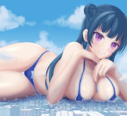 anime_style bikini black_hair blue_bikini breasts building buildings city cityscape crush destruction giantess giga_giantess long_hair love_live! love_live!_sunshine!! lying macrophilia pixiv purple_eyes tsushima_yoshiko