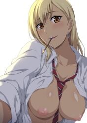 between_breasts blonde_hair blush breasts dark-skinned_female female ishigaki_takashi looking_at_viewer mouth_hold necklace open_clothes original pocky shiny_skin tan tan_skin yellow_eyes