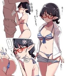 1boy abydos_high_school_student ass ayane_(blue_archive) ayane_(swimsuit)_(blue_archive) bangs bikini black_hair blue_archive breasts censored cum cum_in_mouth elf erection fellatio female flower foreclosure_task_force_(blue_archive) front-tie_top glasses hair_flower hair_ornament ippongui kneeling mosaic_censoring multiple_views open_fly oral penis pointy_ears pubic_hair red-framed_eyewear semi-rimless_eyewear short_hair shorts straight striped striped_bikini sweatdrop swimsuit thong thong_bikini uncensored under-rim_eyewear undressing yellow_eyes