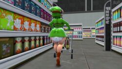 1girls 3d 3d_(artwork) back back_view backboob big_breasts big_thighs brown_hair brown_high_heel_boots diaper exhibitionism female green_hoodie grocery_store hair_over_one_eye high_heel_boots hourglass_figure light-skinned_female light_skin mario_(series) mask nintendo no_pants public shopping shopping_cart shy_gal shy_gal_green store thick thick_hips thick_thighs unknownpublisher walking wide_hips