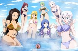 anime_style bath bathing blonde_hair blue_eyes breasts brown_hair cana_alberona copyright_request erza_scarlet fairy_tail giantess green_eyes green_hair juvia_lockser lake lisanna_strauss lucy_heartfilia macrophilia mirajane_strauss ocean onsen pixiv purple_eyes red_eyes red_hair shrinking shrunk thick_thighs water white_hair wide_hips