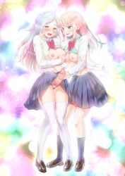 1futa 1girls animal_ears areolae ayanakitori big_penis blue_eyes blush bow_tie bra_lift breasts breasts_out calf_socks clothed clothing collared_shirt decensored duo erection female futa_sans_balls futa_with_female futanari glans gradient_hair green_eyes hair_bow hand_on_face handjob large_penis light-skinned_futanari light_skin loafers long_sleeves looking_at_another looking_at_own_penis medium_hair mostly_clothed nipples original original_characters panties penis penis_in_panties pink_hair pleated_skirt precum pussy_juice pussy_juice_drip serafuku skirt_lift smile standing sweat thighhighs third-party_edit uncensored wet_panties