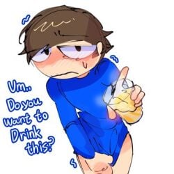 blue_shirt blue_skin blushing brown_hair covering_crotch dave_(moldygh) dave_and_bambi_mod digital_media_(artwork) giving holding_glass implied_piss_drinking light-skinned_male nervous nervous_face peeing peeing_in_cup piss piss_in_glass pov pulling_down_shirt shaking suggestive sweatdrop text urination urine urine_in_container