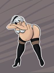 1girls ass bbw belly bent_over bewildered-angel big_belly blindfold breasts chubby fat female female_only hairband huge_belly light-skinned_female light_skin nier nier:_automata obese short_hair solo solo_female thick_thighs thighhighs white_hair yorha_2b