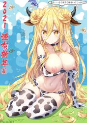 1girls big_breasts bikini_bottom blonde_hair cow_girl cow_print date_a_live double_bun elbow_gloves female gloves hair_bun hoshimiya_mukuro solo swimsuit thighhighs yellow_hair