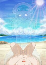 1boy 1boy1girl 1girls beach blue_sky censored censored_penis cloud cowgirl_position eyebrows_visible_through_hair female glowing glowing_eyes jellyfish jellyfish_humanoid male monster monster_girl mosaic_censoring nipples norte nude nude_female nude_male sand sky sun sunlight uterus water