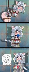 1girls animal_ears ball_gag blue_ball_gag blush bondage brown_eyes bubble drooling female female_only gag gagged_speech hunter_x_hunter multiple_panels neferpitou rope_bondage solo speech tail tape_gag text white_hair