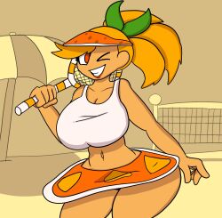 1girls big_breasts breasts clothed cookie_run crop_top dezmine21 eyelashes female female_only fully_clothed huge_breasts humanized navel one_eye_closed orange_cookie orange_eyes orange_hair simple_background simple_shading skirt smile solo sportswear tagme tan_body tan_skin tennis_racket thick_thighs tied_hair voluptuous wink