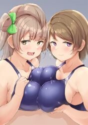 1boy 2girls big_breasts blush bow breasts busty collarbone cooperative_paizuri double_paizuri green_bow grey_background hairbow highres koizumi_hanayo large_breasts light_brown_hair long_hair love_live! love_live!_school_idol_project minami_kotori mostly_clothed multiple_girls open_mouth paizuri paizuri_over_clothes purple_eyes school_swimsuit shinonon shinonon_(iso_shino) short_hair simple_background straight swimsuit tagme wavy_mouth yellow_eyes