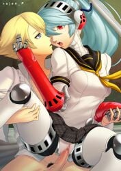 1boy 1girls android atlus blonde_hair labrys penis persona persona_4 persona_4_arena pubic_hair robot_girl rojen sex straight tagme teddie_(persona) vaginal_penetration veiny_penis