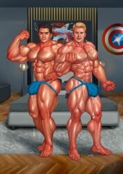 2boys actor bedroom big_bulge bulge captain_america captain_america's_shield captain_america_(series) celebrity chris_evans clark_kent crossover dc dc_extended_universe excessive_muscles extreme_muscles flexing hairy_chest henry_cavill huge_bulge human human_only in_character jockstrap jockstrap_only kal-el light-skinned_male light_skin looking_at_viewer male_focus male_only marvel marvel_cinematic_universe muscular muscular_male penis_outline precum precum_drip precum_through_clothing steve_rogers superman zharts