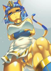 1girls 2022 68_(artist) animal_crossing ankha ankha_(animal_crossing) anthro blue_eyes clothed clothing crossed_arms digital_media_(artwork) domestic_cat felid feline felis female genitals hair hi_res looking_at_viewer low-angle_view mammal nintendo nipple_outline pussy solo video_games