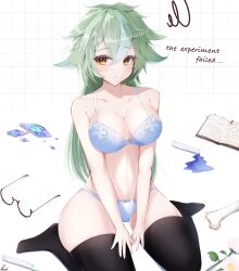 absurdres animal_ears blush book bra breasts brown_eyes female fox_ears fox_girl genshin_impact glasses green_hair highres lace-trimmed_bra lace-trimmed_panties lace_trim large_breasts panties pisuke_(user_kcmh2774) sitting solo sucrose_(genshin_impact) thick_thighs thighhighs thighs underwear wariza white_background