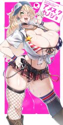 1girls absurdres american_flag_bikini bangs baseball_cap bikini blowjob_gesture blush breasts cleavage curvy fellatio_gesture female fishnet_legwear fishnets flag_print gyaru hair_between_eyes hat heterochromia highres huge_breasts japanese_text konoshige_(ryuun) large_breasts long_hair looking_at_viewer microskirt miniskirt navel open_mouth original original_character panties pussy_juice ryuun_(stiil) shirt skirt solo swimsuit text thighhighs tied_shirt tongue tongue_out translated underwear wide_hips